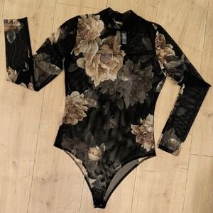 Sheer Mesh Floral Long Sleeve Mock Neck Bodysuit NWT!